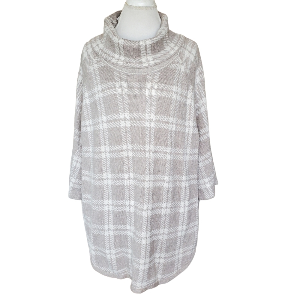 LOFT Plaid Poncho Sweater Cream Neutral Cowlneck L/XL Side Slits Half Sleeve NWT